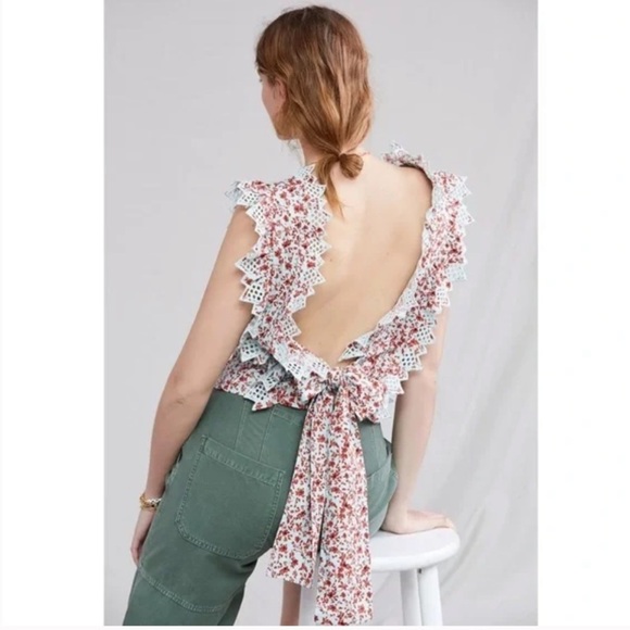 ANTHROPOLOGIE BLUE TASSEL COTTON TRINA BOW SLIGHTLY CROPPED BLOUSE SIZE XL - Picture 3 of 7